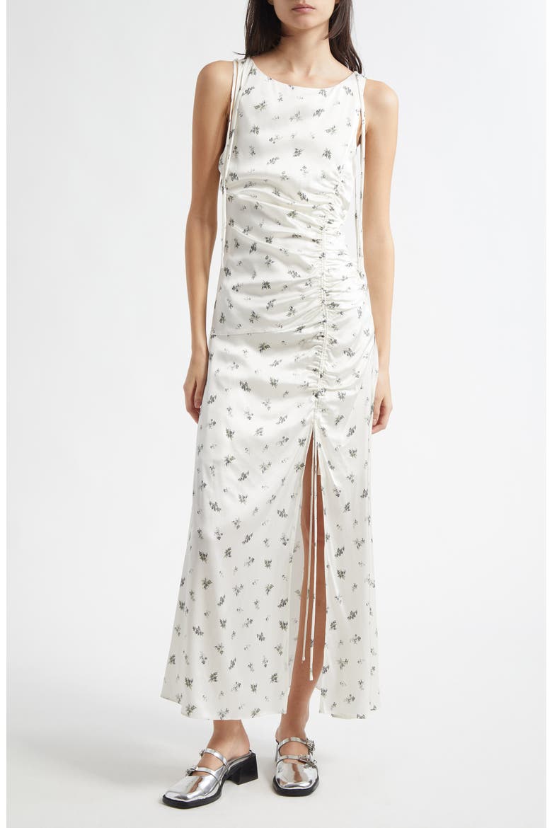 Printed Ruched Satin Maxi Dress, Main, color, EGRET