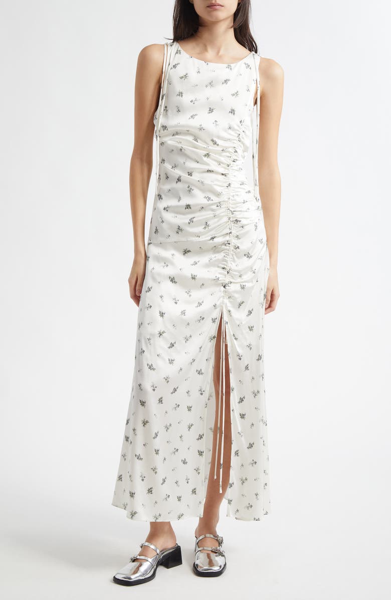 Ganni Printed Ruched Satin Maxi Dress, Main, color, Egret