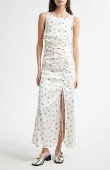 Ganni Printed Ruched Satin Maxi Dress
