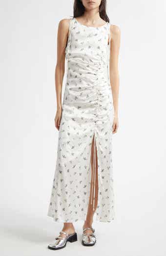 Ganni Printed Ruched Satin Maxi Dress