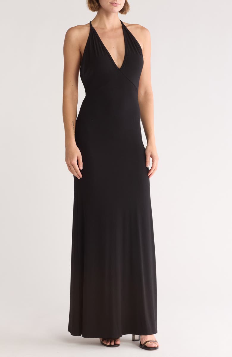 GO COUTURE Plunge Neck Maxi Dress, Main, color, Black