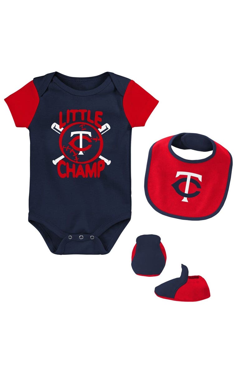 Outerstuff Newborn & Infant Navy/Red Minnesota Twins Little Champ Three-Pack Bodysuit Bib & Booties Set, Main, color, Navy