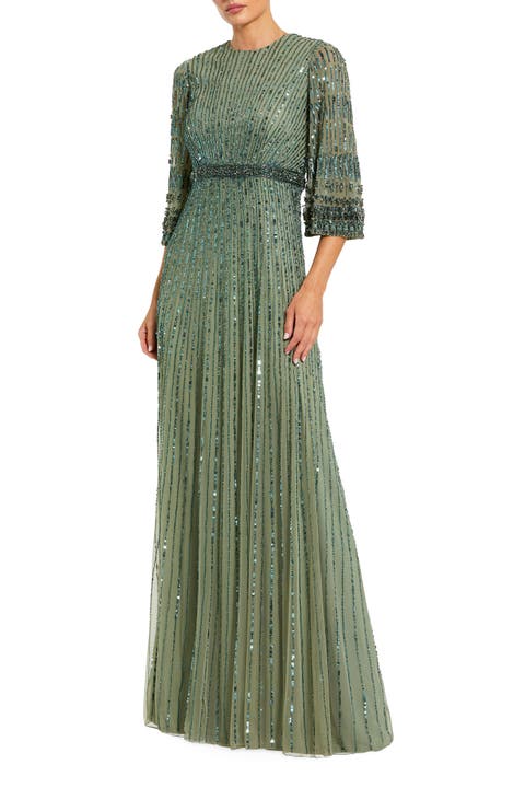 High Neck Embellished Gown With 3/4 Sleeves