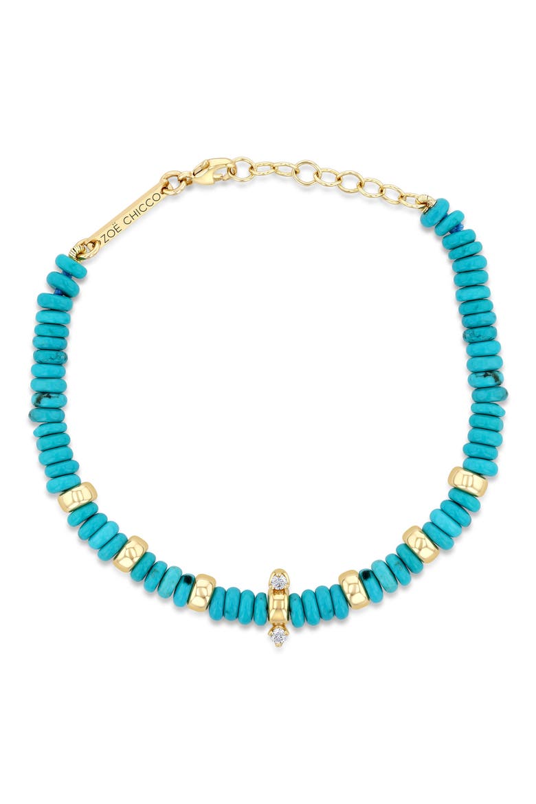 Turquoise & Rondelle Gold Bead Bracelet with Diamonds, Main, color, 14K YELLOW GOLD