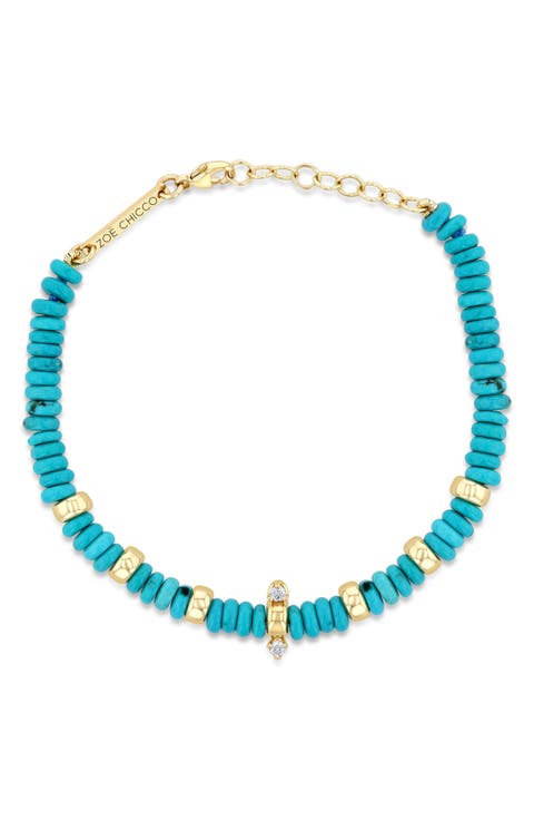 Turquoise & Rondelle Gold Bead Bracelet with Diamonds