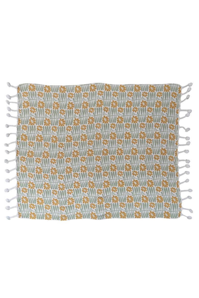 Soft Woven Reclaimed Cotton Blend Printed Throw with Flowers and Pompom Tassels, Sage and Mustard, Main, color, Green