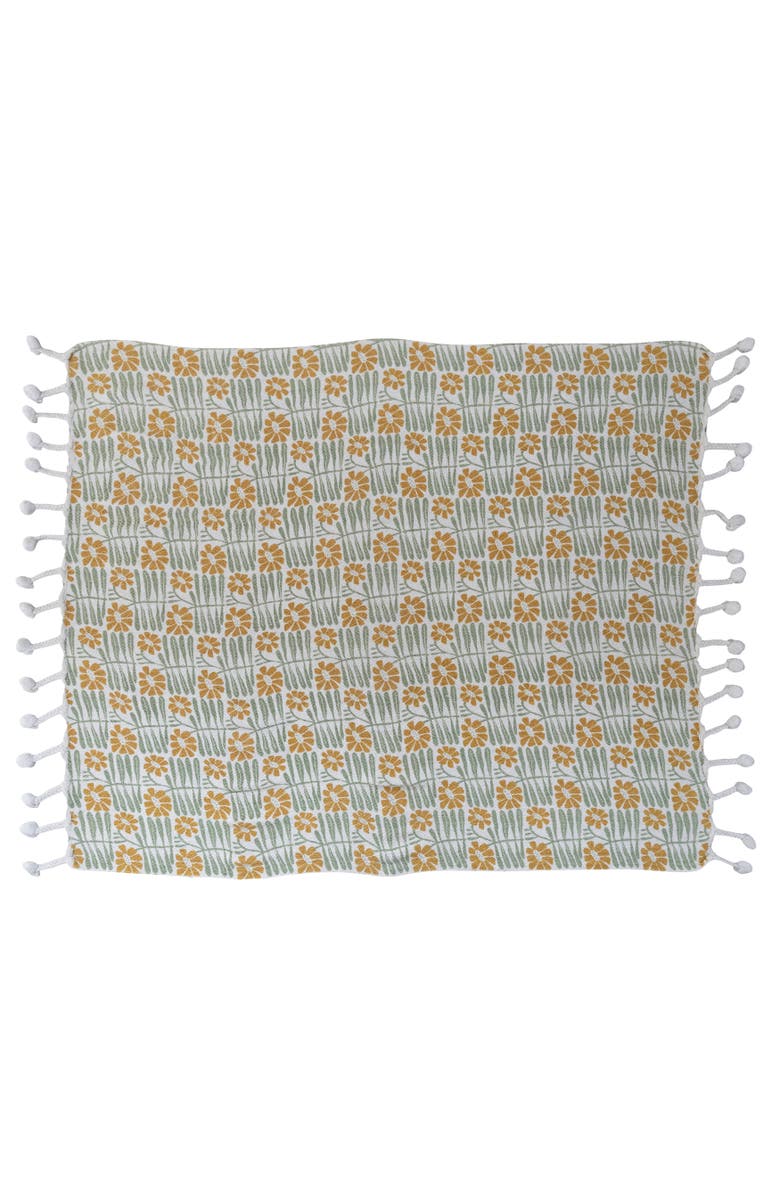 Storied Home Soft Woven Reclaimed Cotton Blend Printed Throw with Flowers and Pompom Tassels, Sage and Mustard, Main, color, Green