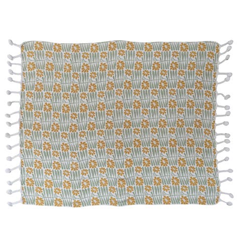 Soft Woven Reclaimed Cotton Blend Printed Throw with Flowers and Pompom Tassels, Sage and Mustard