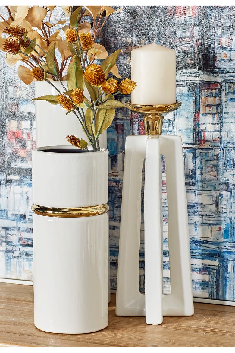 White Ceramic Modern Candle Holder - Set of 2, Main, color, WHITE