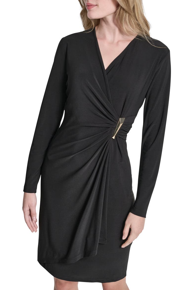 Long Sleeve Faux Wrap Dress, Alternate, color, BLACK