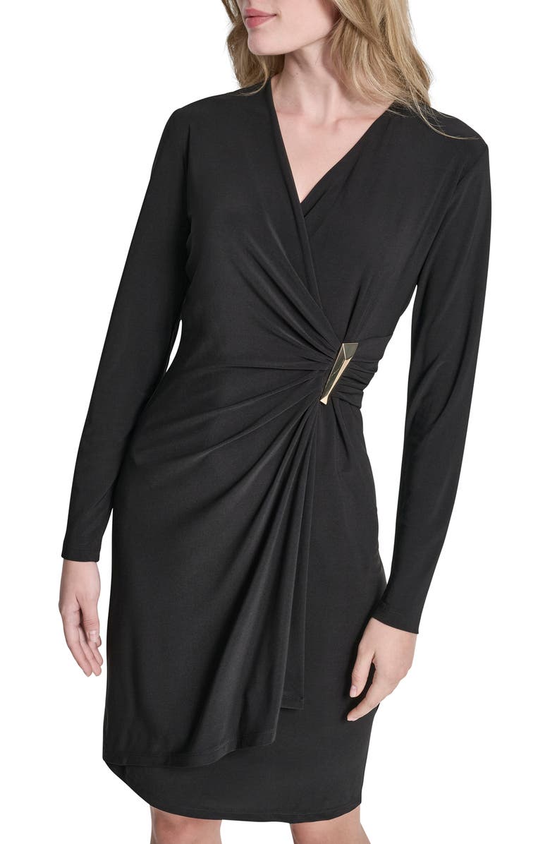DKNY Long Sleeve Faux Wrap Dress, Alternate, color, Black