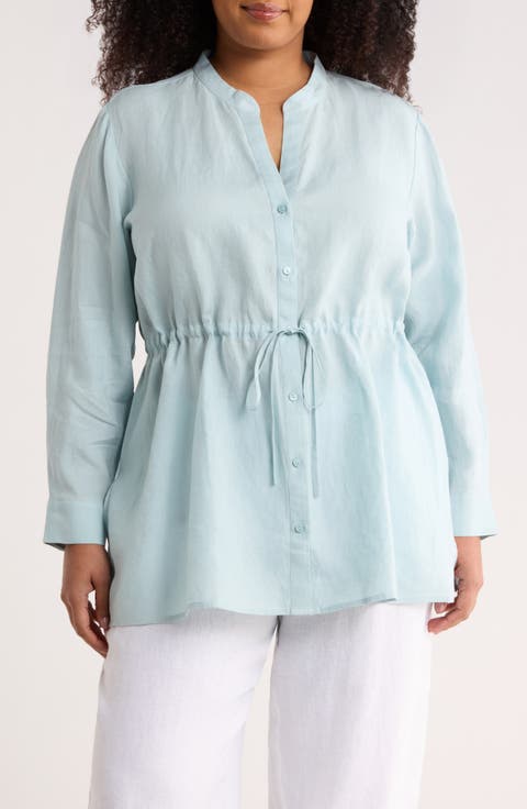 Split Neck Organic Linen Long Drawstring Shirt (Plus)