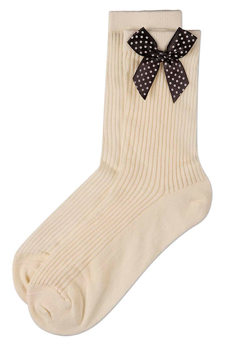 MeMoi Polka Dot Bow Rib Cotton Blend Crew Socks, Alternate, color, Yellow