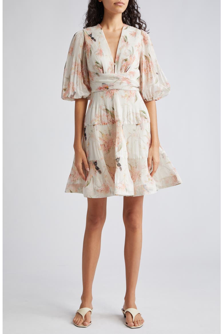 Floral Plissé Fit & Flare Dress, Main, color, CORAL BIRDS