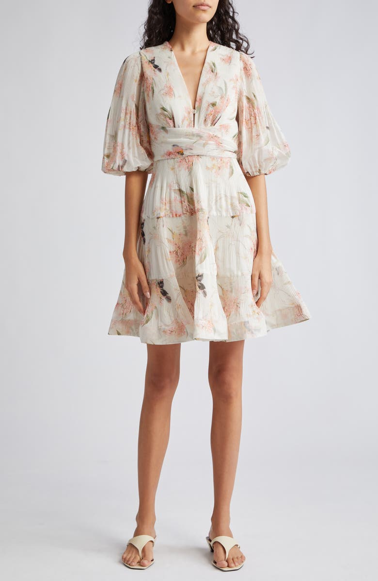 Zimmermann Floral Plissé Fit & Flare Dress, Main, color, 