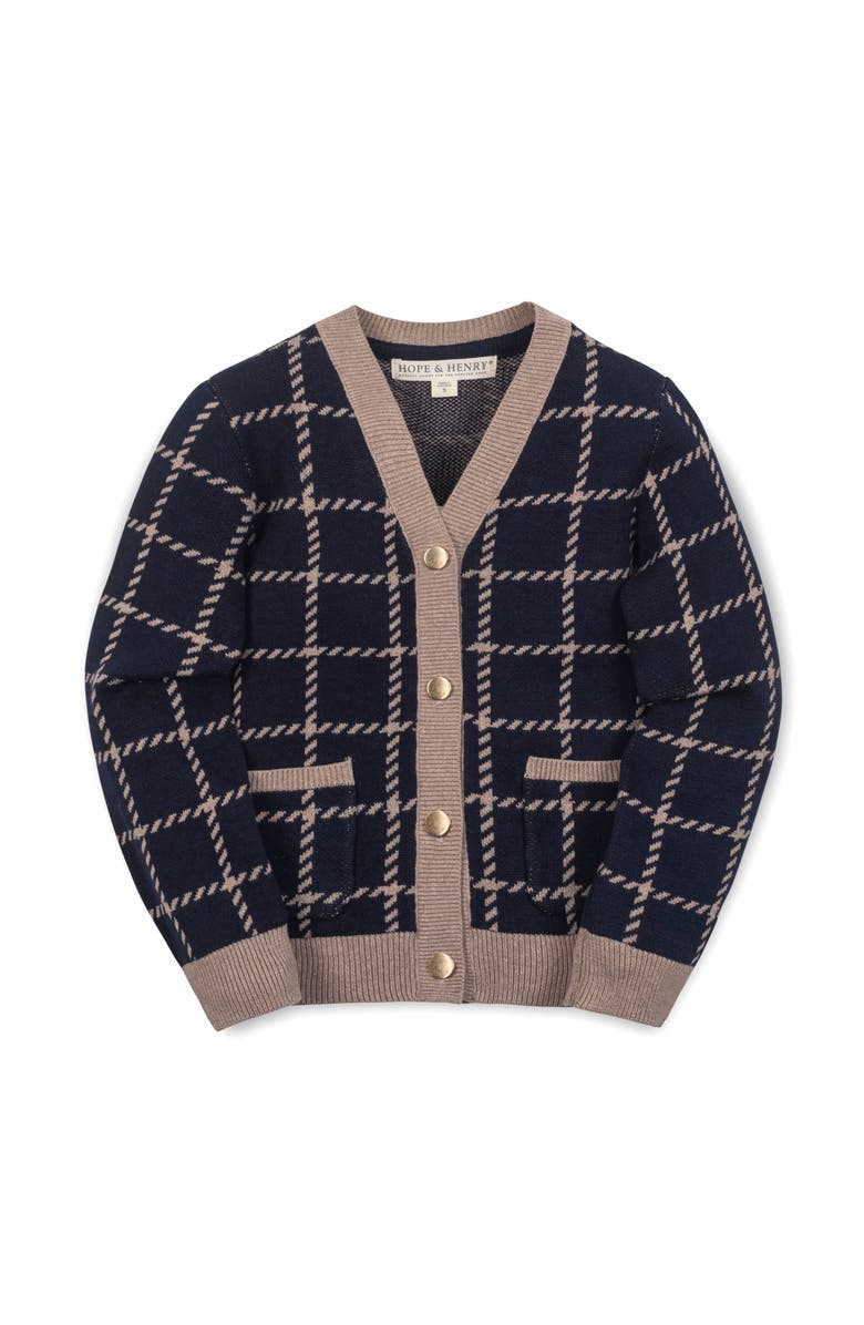 Hope & Henry Kids' Organic Long Sleeve Boyfriend Cardigan Sweater, Main, color, Navy And Taupe Windowpane
