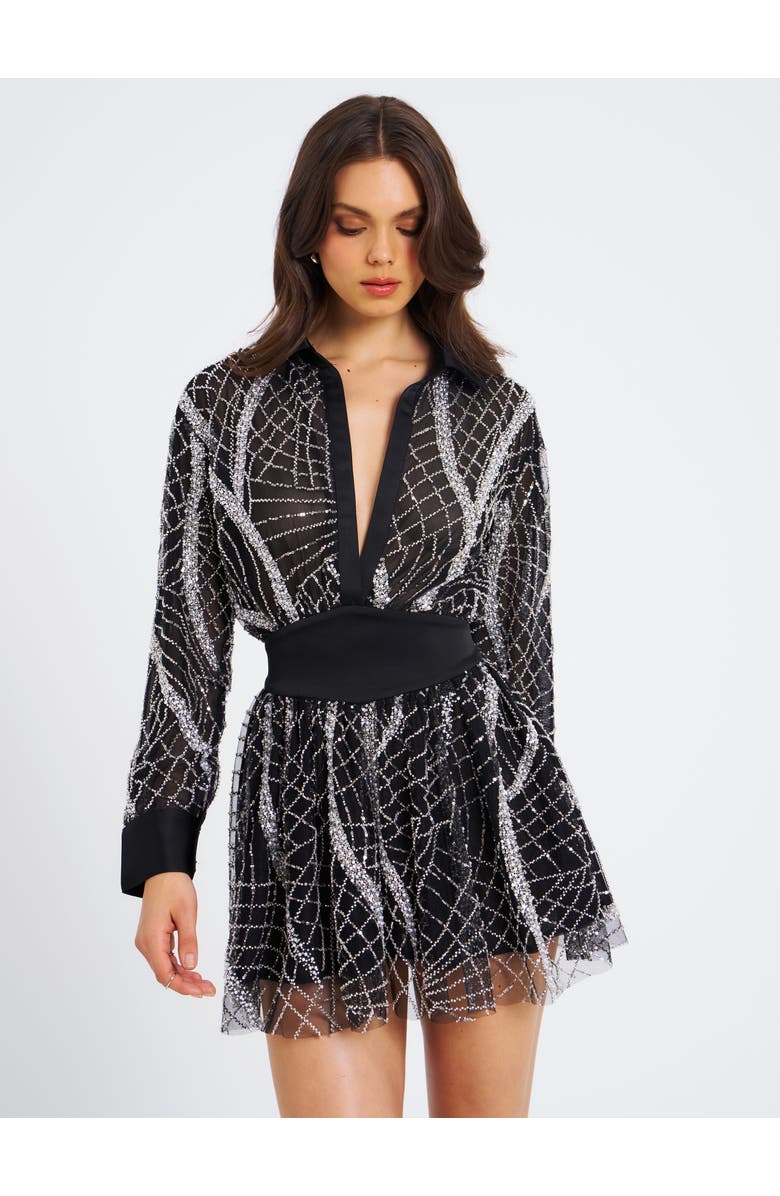 Miss Circle Rachelle Embroidered Mesh Mini Shirt Dress, Main, color, Black And White