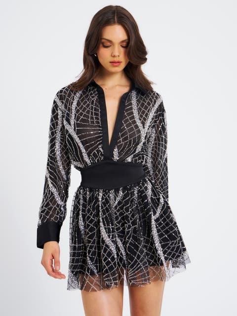 Rachelle Embroidered Mesh Mini Shirt Dress
