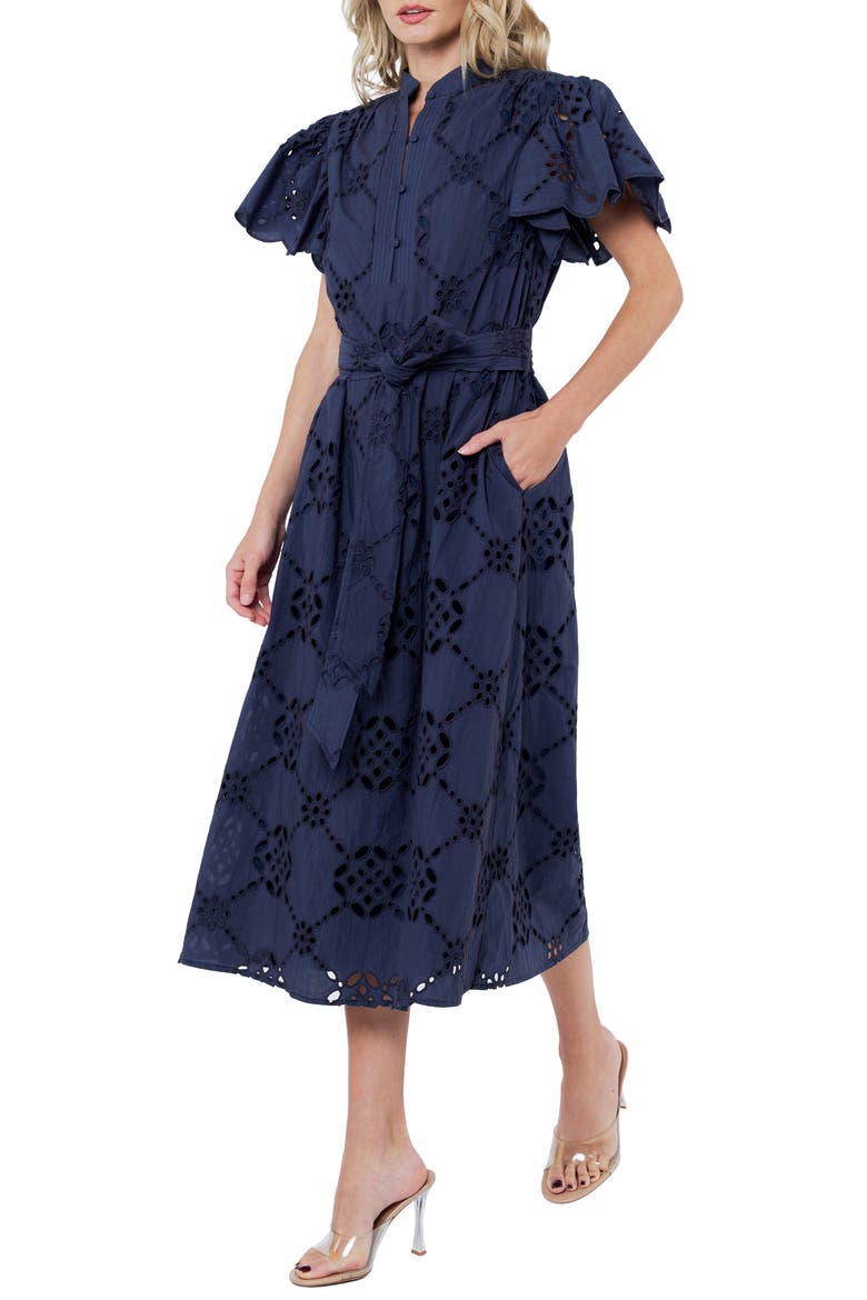 Willa Eyelet Lace Midi Shirtdress, Alternate, color, NAVY