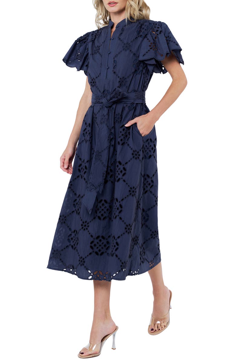 CIEBON Willa Eyelet Lace Midi Shirtdress, Alternate, color, Navy