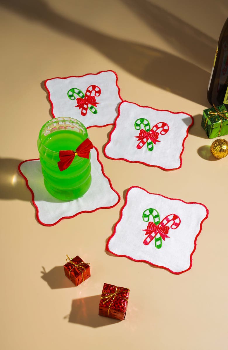 Tiramisu Candy Cane Delight Embroidered Coaster Set, Alternate, color, Red/ Green
