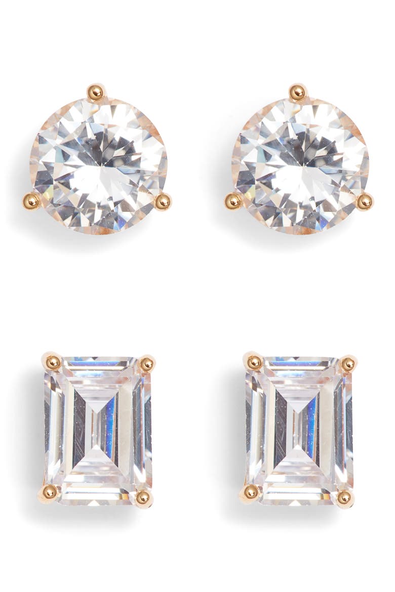 Set of 2 Cubic Zirconia Stud Earrings, Main, color, CLEAR- GOLD