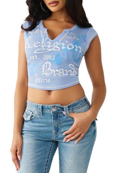 Crystal Embellished Buddha Crop Graphic T-Shirt
