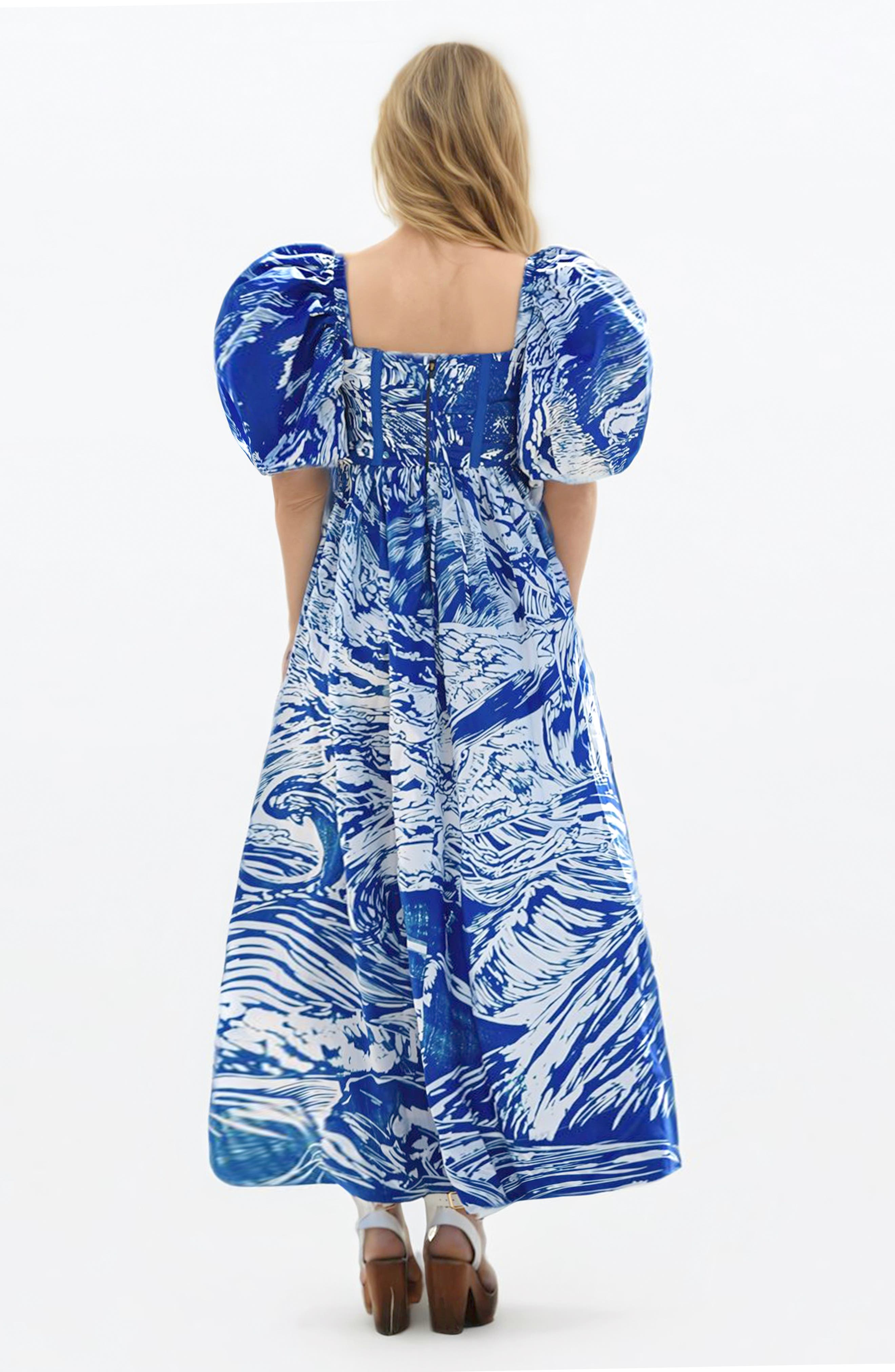 Jessie Zhao New York Blue Printmaking Square-Neck Cotton Midi Dress ...