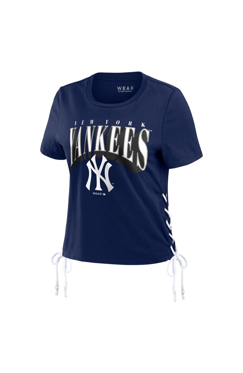 WEAR by Erin Andrews Women's WEAR by Erin Andrews Navy New York Yankees Side Lace-Up Cropped T-Shirt, Alternate, color, 