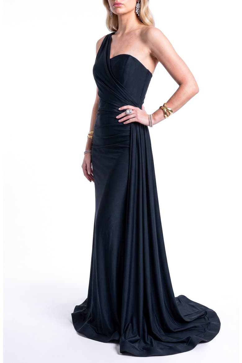One-Shoulder Draped Satin Mermaid Gown With Side Cascade, Alternate, color, Black