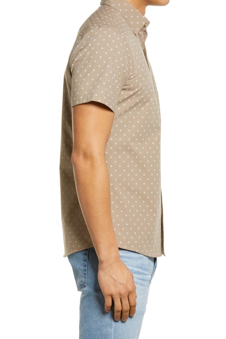 Tech-Smart Diamond Print Short Sleeve Button-Up Shirt, Alternate, color, TAN - WHITE FOULARD