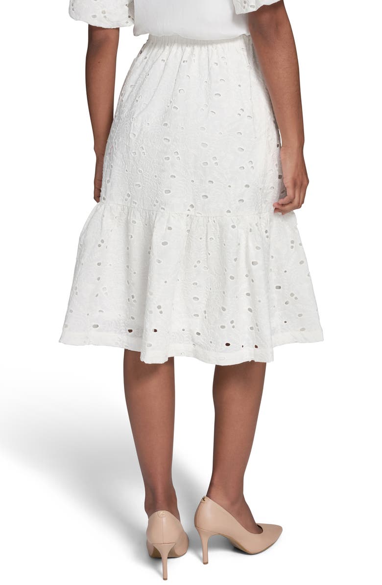 KARL LAGERFELD PARIS Mixed Media Eyelet Lace Midi Dress, Alternate, color, 