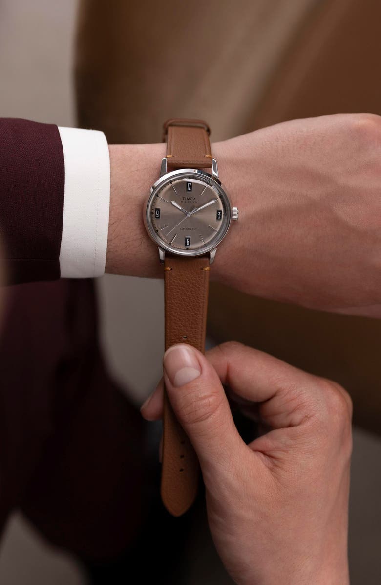 Timex<sup>®</sup> Marlin Automatic Leather Strap Watch, 40mm, Alternate, color, Brown