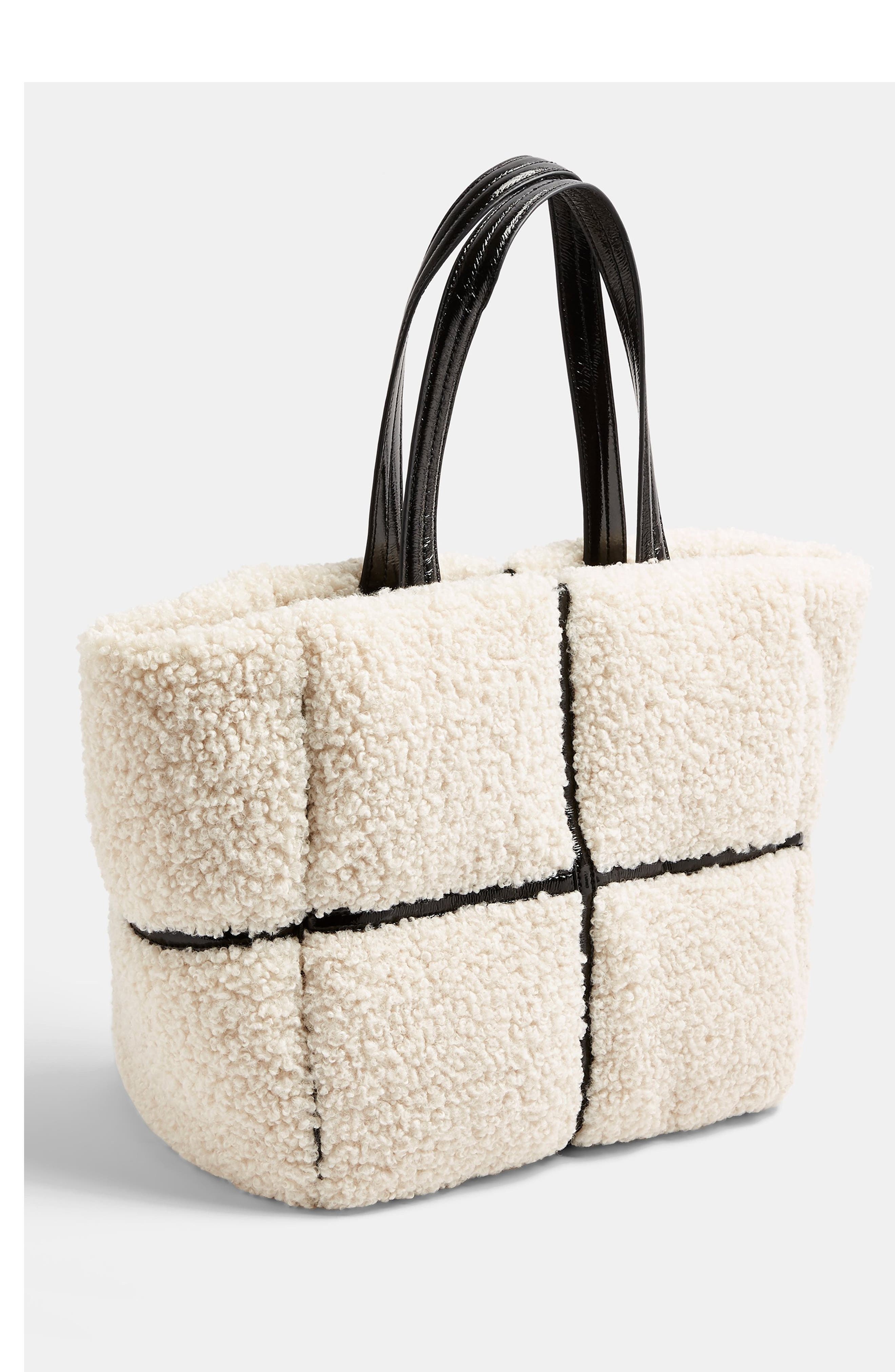 Topshop Faux Fur & Vinyl Tote Bag, Alternate, color, 