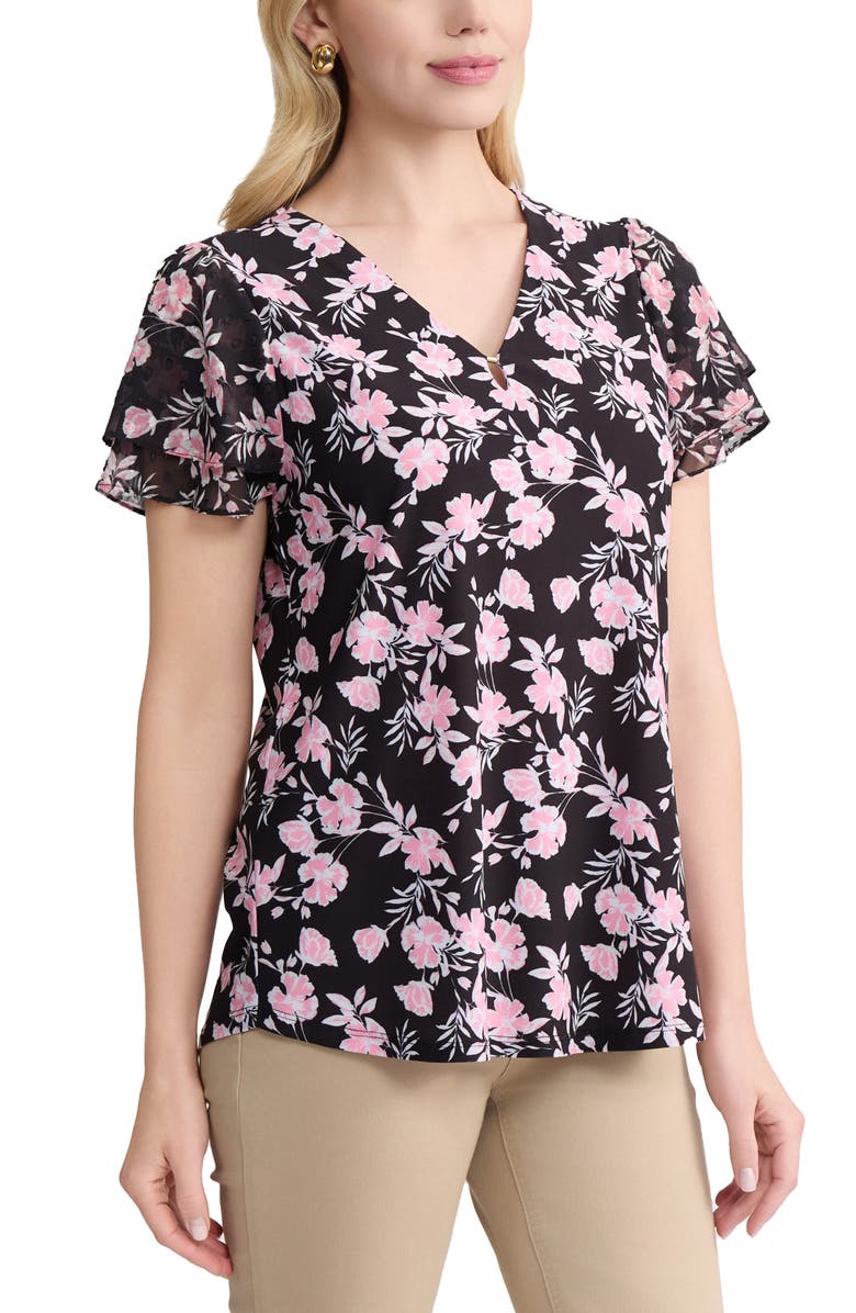 Jones New York Mixed Media Flutter Sleeve Top, Alternate, color, Jones Black Multi