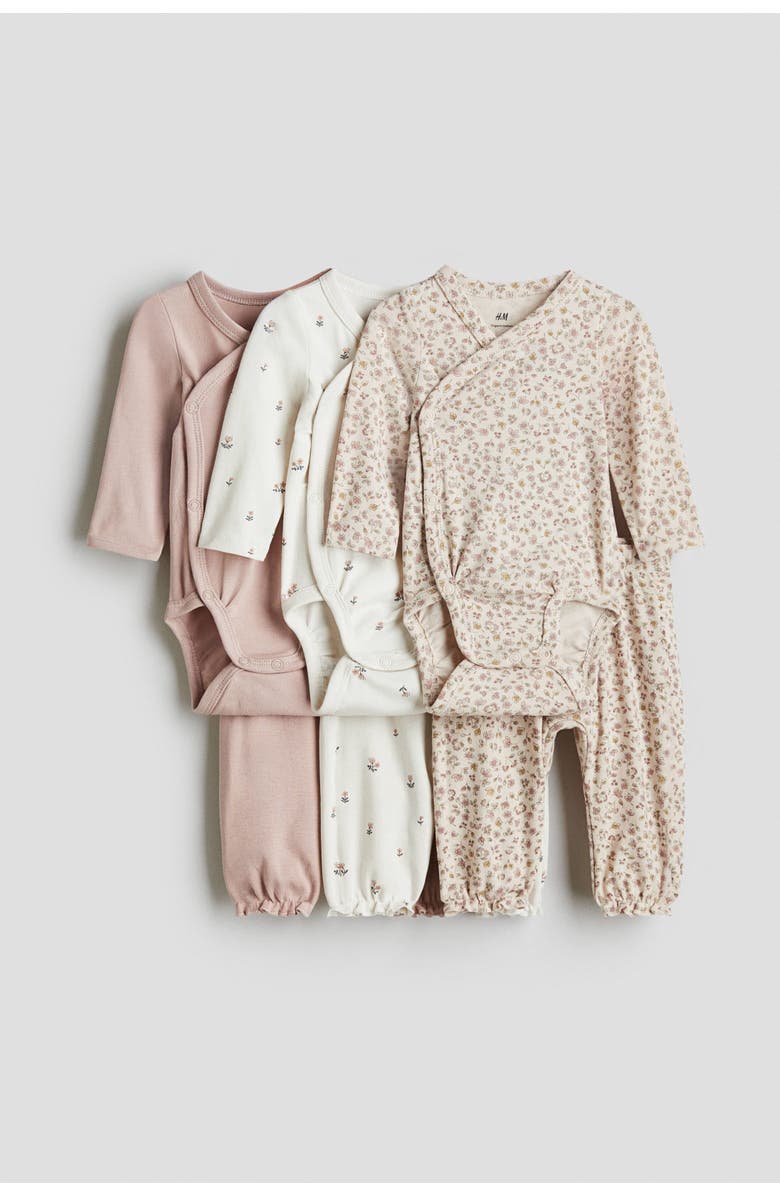 H&M 6-piece bodysuit and pants set, Main, color, Dusty Pink/Floral