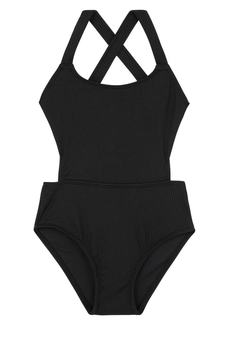Summer Rib Textured Cut Out Cross Strap One Piece, Main, color, Black