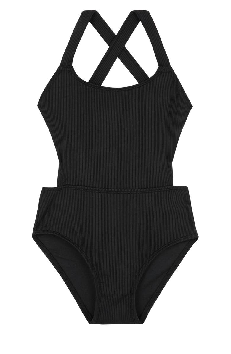 Gottex Kids Summer Rib Textured Cut Out Cross Strap One Piece, Main, color, Black