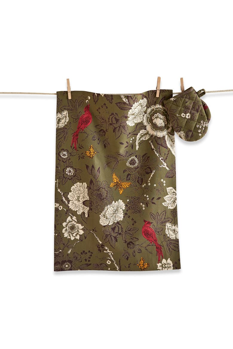Autumn Toile Dishtowel and Mitt Set Fall Harvest Kitchen, Main, color, Green