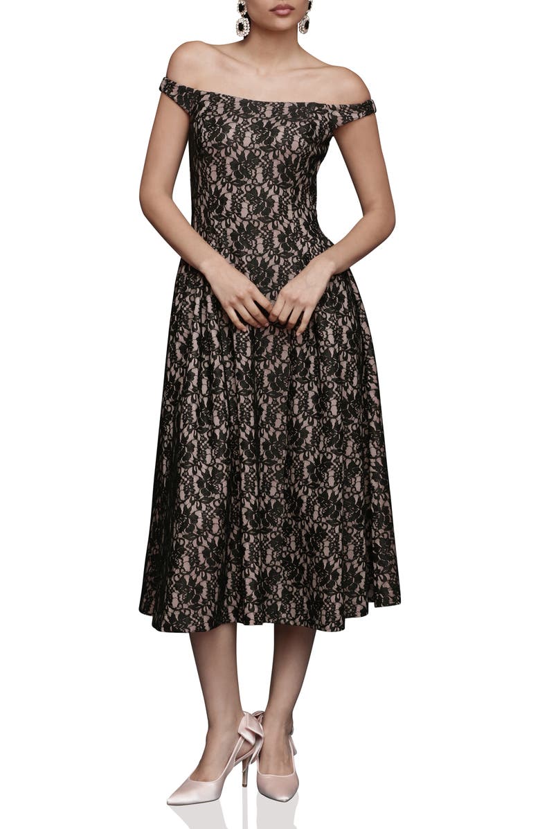 Avec Les Filles Lace Off the Shoulder Midi Dress, Main, color, Black Lace