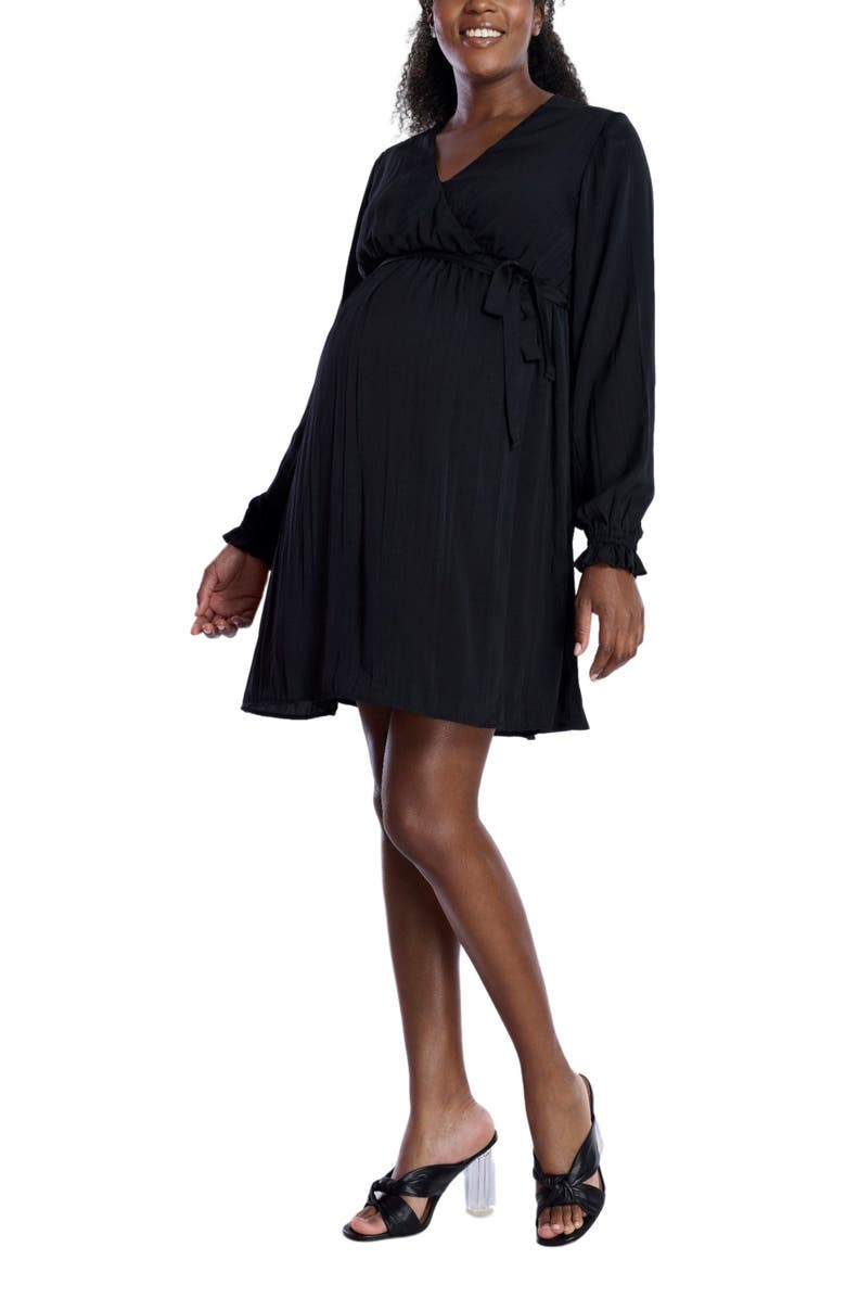 MOTHERHOOD MATERNITY Woven Wrap Long Sleeve Mini Dress, Main, color, Black