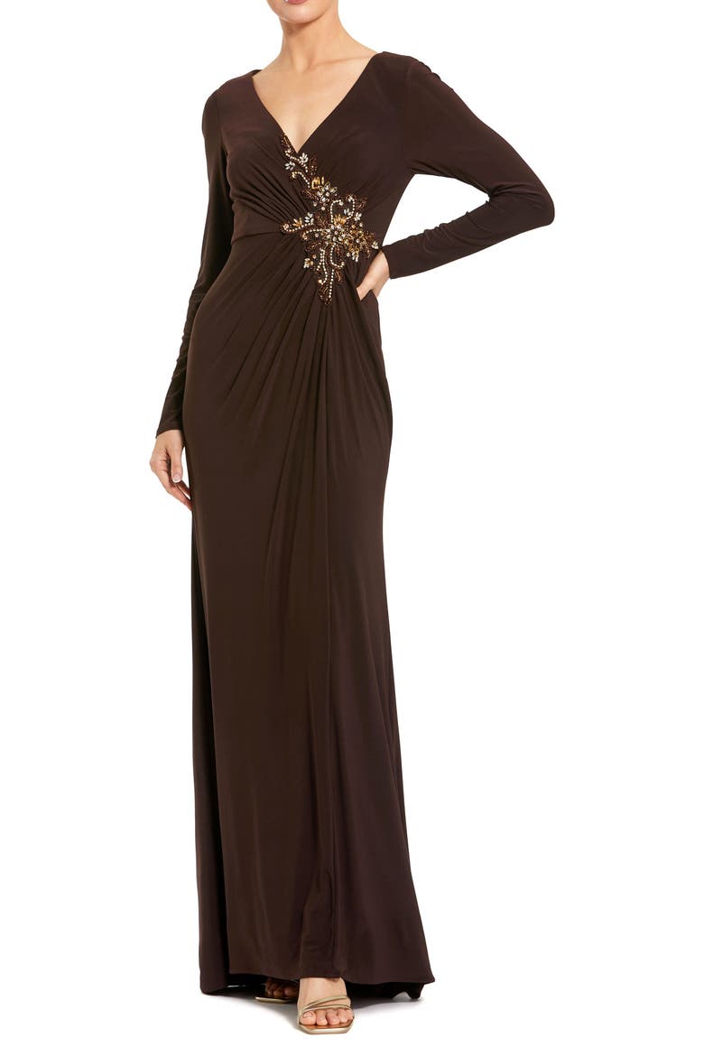 Faux Wrap Long Sleeve Appliqué Detail Gown, Main, color, Chocolate