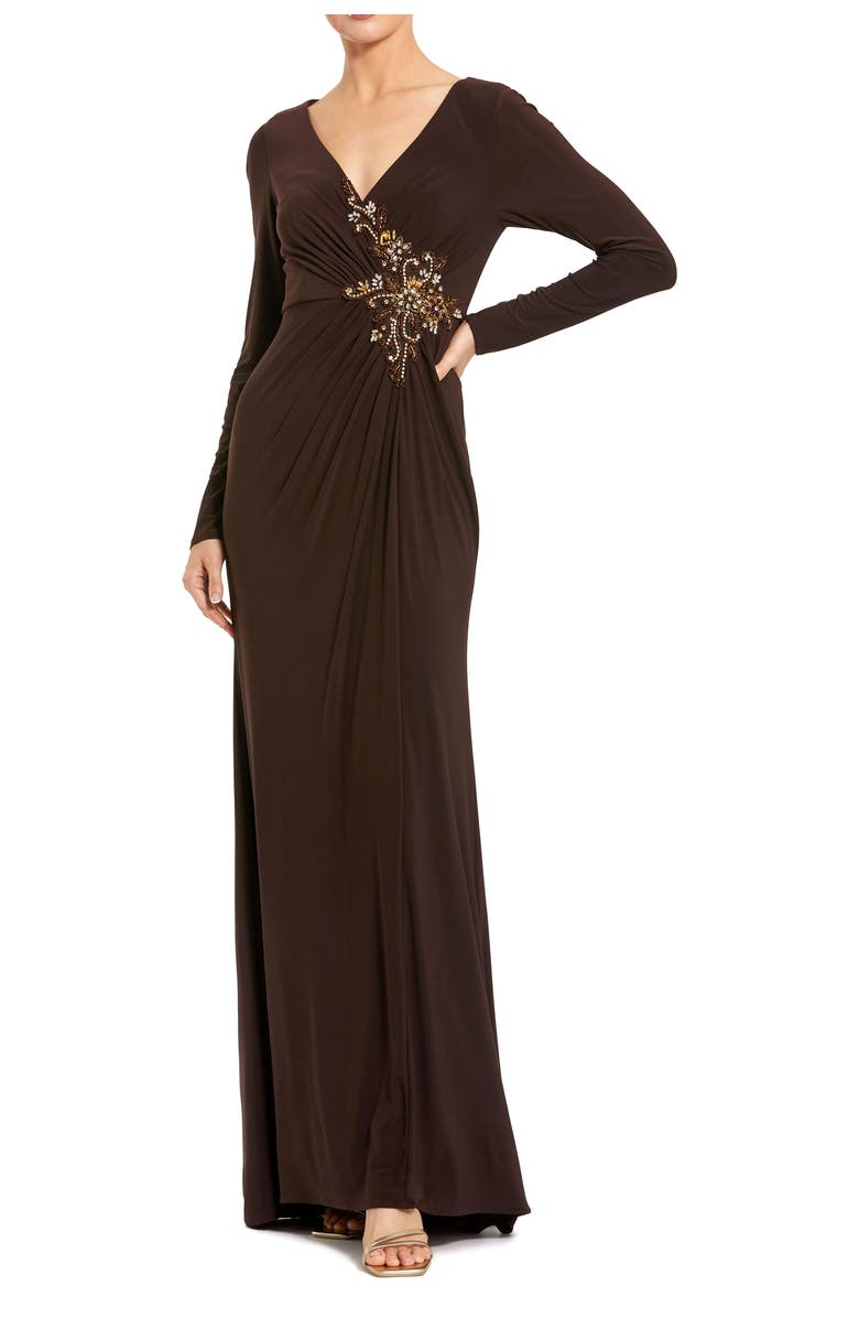 Mac Duggal Faux Wrap Long Sleeve Appliqué Detail Gown, Main, color, Chocolate