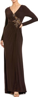 Mac Duggal Faux Wrap Long Sleeve Appliqué Detail Gown