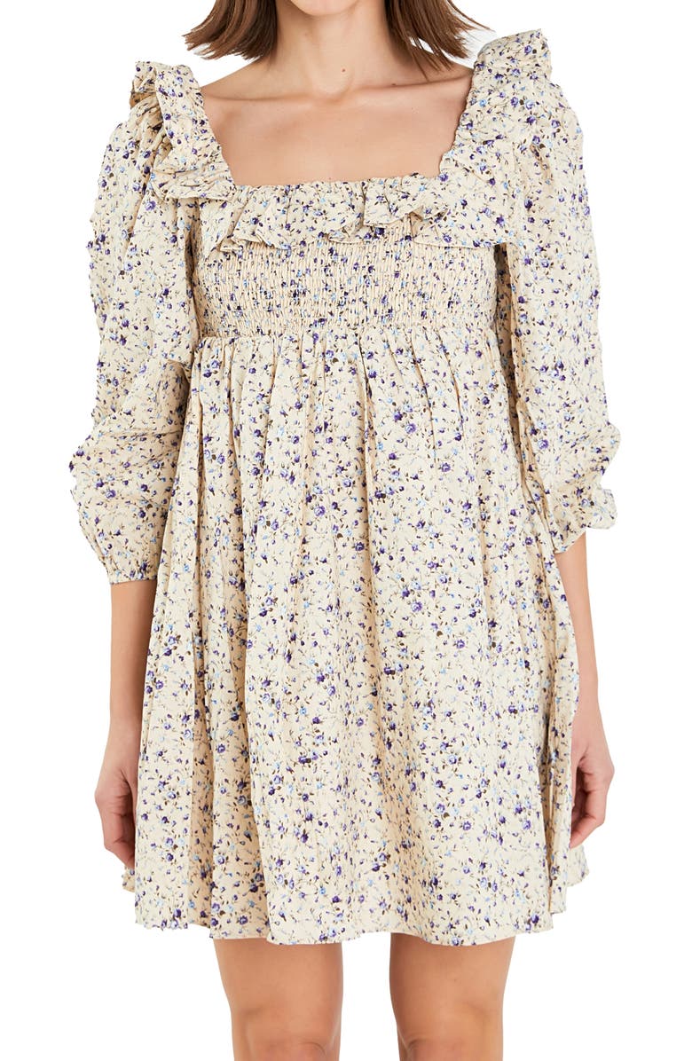 English Factory Square Neck Ruffle Minidress, Alternate, color, Cream/ Purple