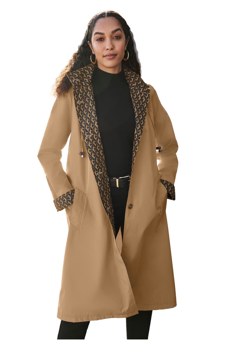 Jessica London Contrast Hood Raincoat, Main, color, Soft Camel Geo