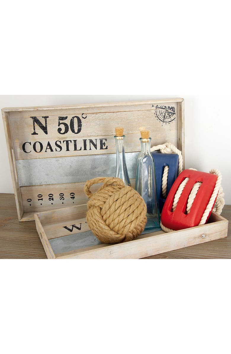 WILLOW ROW Brown Wood Tray with Metal Stripe - Set of 2, Alternate, color, Brown