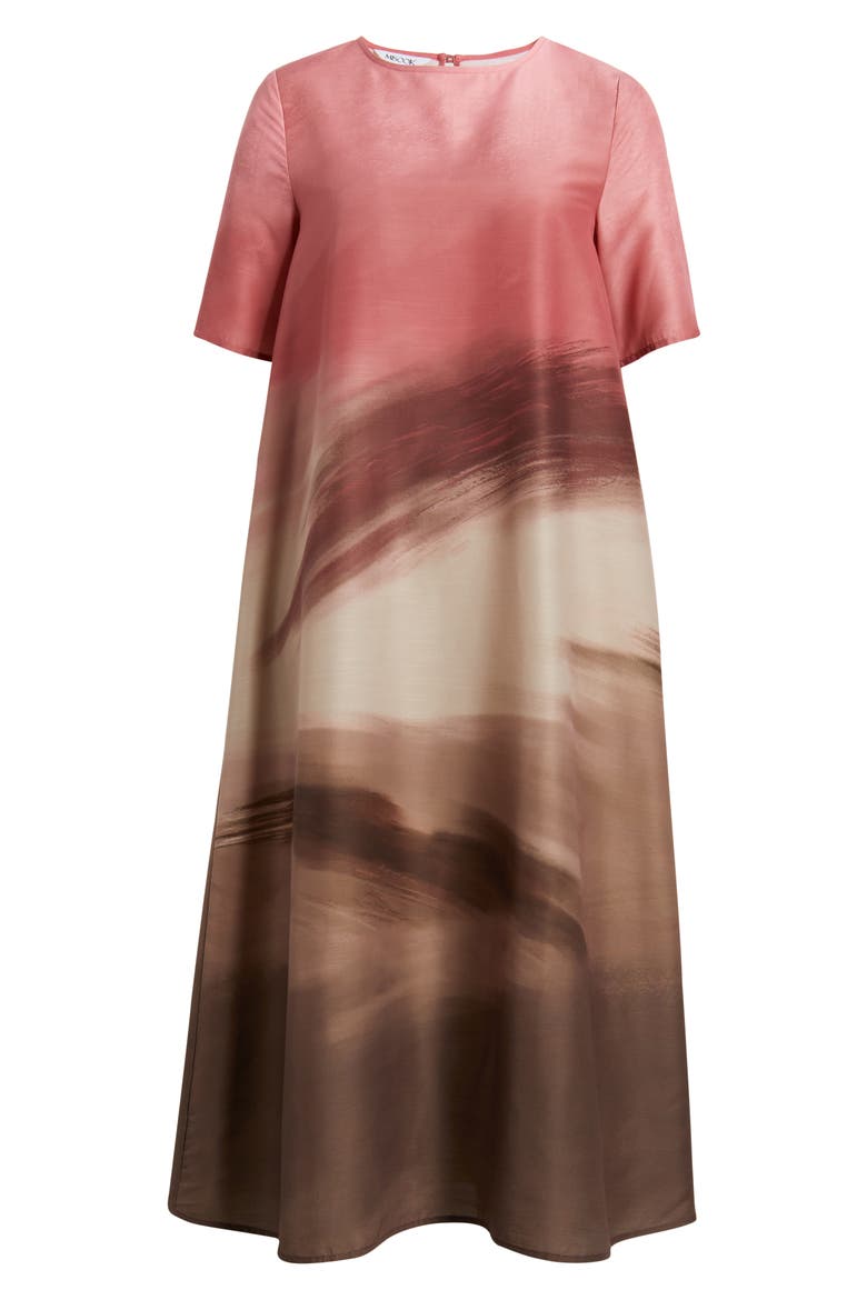 Shantung Landscape Midi Dress, Alternate, color, HONEY SUCKLE/ CHARMEUSE/ MULTI