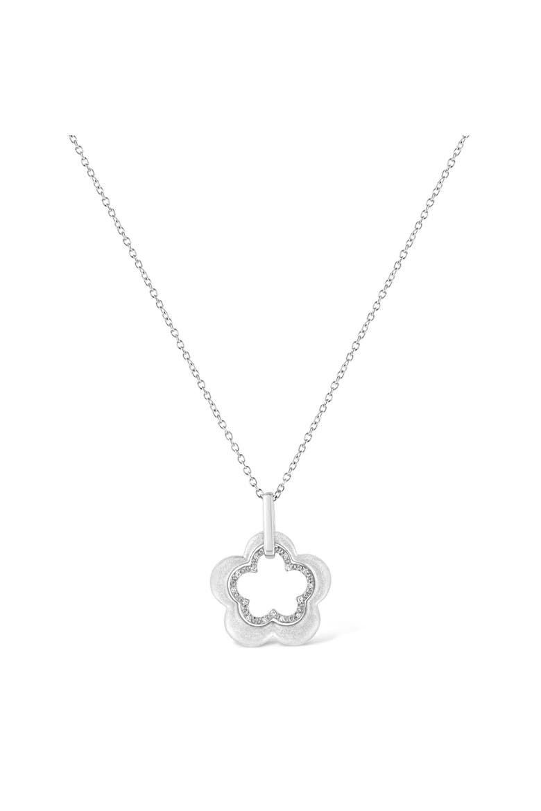 Matte Finished Silver Diamond Accent Double Flower Shape Satin Pendant Necklace, Alternate, color, White