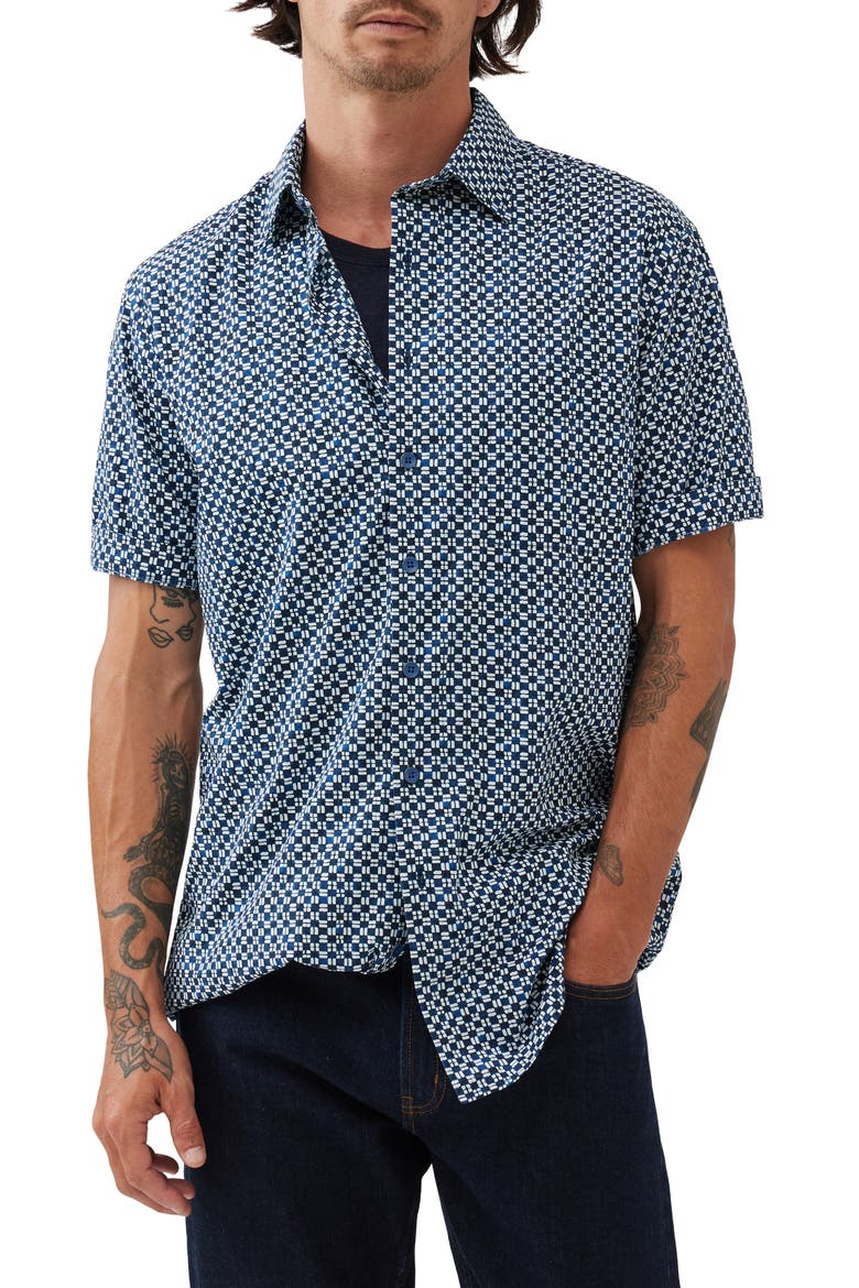 Yate's Point Original Fit Tile Print Short Sleeve Cotton Button-Up Shirt, Main, color, INDIGO